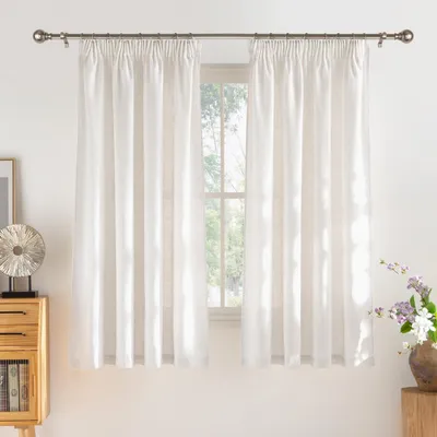 Obrázek produktu pro Poloprůhledné lněné závěsy, krátké, balení 2 kusů, světle krémové barvy, rozměry 145 cm (výška) x 140 cm (šířka)