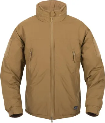 A tan colored jacket is shown against a white background.