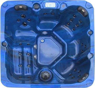 A top-down view of a blue whirlpool hot tub.