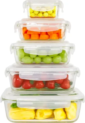 A stack of five glass food storage containers filled with various colorful foods, presented on a white background.