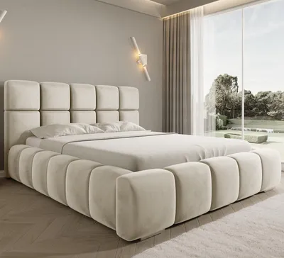 Zdjęcie produktu dla Łóżko tapicerowane Asti 200×200 – beżowe, welur – z pojemnikiem i podnoszonym stelażem – nowoczesne i eleganckie