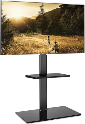 Produktbild von TV-Standfuß für Fernseher von 32 bis 60 Zoll – 70° schwenkbar und in 8 Höhen verstellbar. Universeller TV-Standfuß mit Ablage für Flachbild- und gebogene Fernseher usw