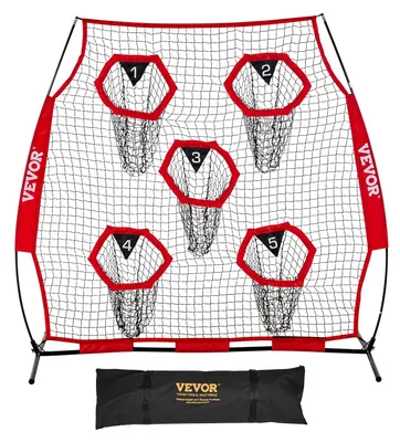 Produktbild von VEVOR 6 x 6 ft Fußballtrainer Wurfnetz, Trainingswurfzielpraxisnetz mit 5 Zieltaschen, knotloses Netz inklusive Bogenrahmen und tragbarer Tragetasche, Verbesserung der Wurfgenauigkeit für Quarterbacks, Rot, 6 x 6 ft-a, Rot-a