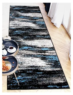 Produktbild von Teppichläufer für Flur - Moderner Kurzflor, weich - für Küche, Vorzimmer, Eingangsbereich, Schlafzimmer - Meterware 100 cm breit - Grau Blau 100 x 350 cm