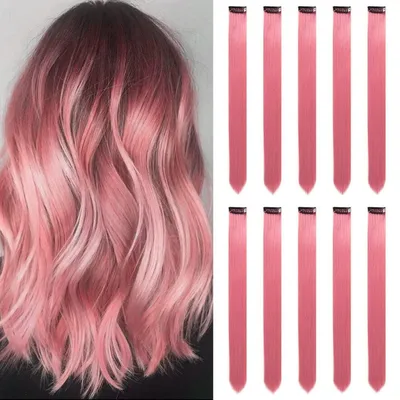 Image de Extensions de cheveux colorées, à clipser, 22 pouces, lisses, 10 pièces, couleur rose princesse