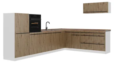 Productafbeelding van Hoekkeuken Vicco R-Line Artisanaal eiken/Wit 327 x cm goudkleurig eiken werkblad, Model 67574
