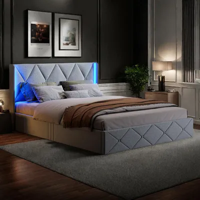 Produktbild von ProximaX Polsterbett 140x200 cm, Kopfteil mit seitlicher LED, grau, großer Stauraum unter dem Bett, bequeme Schlaflösung für das Schlafzimmer