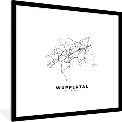 Produktbild von MuchoWow® Gerahmtes Poster Stadtplan - Deutschland - Schwarz-weiß - Wuppertal - Karte 40x40 cm - Poster mit Schwarzem Bilderrahmen Wandposter Rahmen Foto Bilder - Poster - Plakat im Rahmen