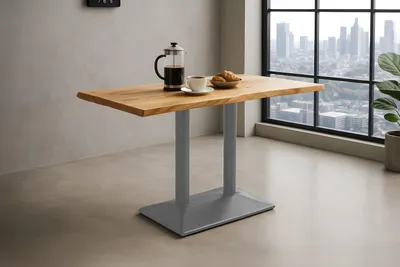 Produktbild von Bistrotisch Baumkante massiv Akazie natur 120 x 70 cm Mittellfuß Silber ISLAS