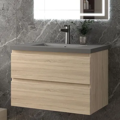 Produktbild von 80 cm Badmöbel-Set Unterschrank mit Dunkelgrau Mineralguss Waschbecken 2 Schubladen soft-close Eiche Matt Selbstmontierter