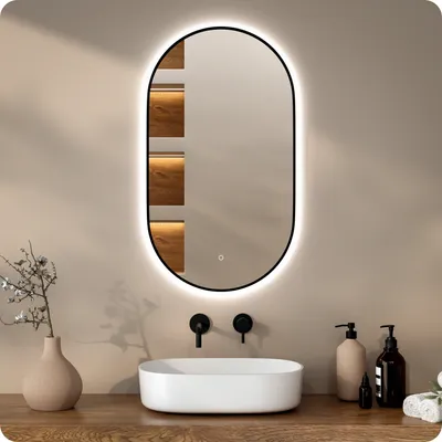 Produktbild von Mirlux Badezimmerspiegel mit LED-Beleuchtung & Heizung - Wandspiegel Oval - Anti-Kondensations-Duschspiegel - Schwarz - 90x50CM