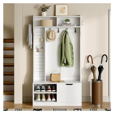 Produktbild von Garderobenset Komplett-Set Flurgarderobe mit Sitzbank, 6 Haken, 1 Tür und 4 Offene Fächer, Weiß, 100×185,5×40 cm