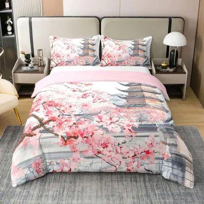 Zdjęcie produktu dla Komplet pościeli 220x240 cm, 100% bawełna, japoński styl, wzór z kwiatami wiśni