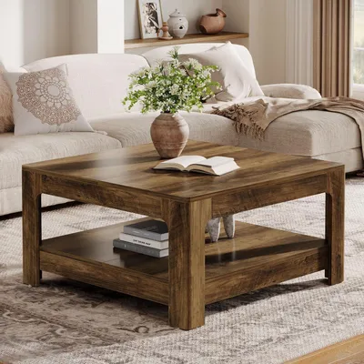 Obrázek produktu pro Konferenční stolek s úložným prostorem, venkovský styl, hnědý, rozměry 100x100x50 cm, materiál MDF