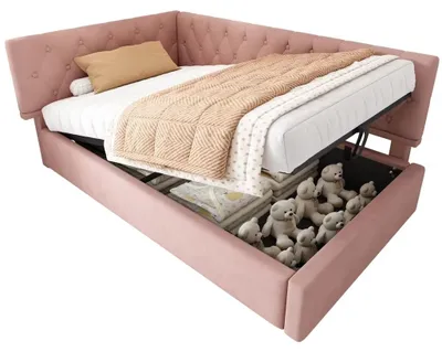 Productafbeelding van Gestoffeerde dagbedbank - Slaapbank 90 x 190 cm - Hydraulische opbergruimte - Houten lattenbodem - Kinderbed - Roze