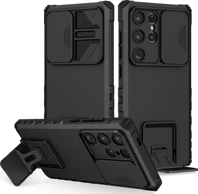 Multiple views of a black smartphone case with a sliding camera cover and kickstand.