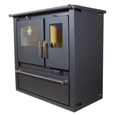 A dark gray wood-burning stove with a stainless steel handle and a glass window on the left door.