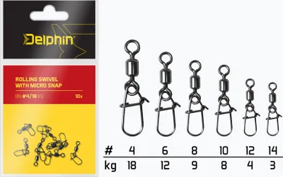 Obrázok produktu pre Delphin obratlík s karabínkou Rolling swivel with micro snap / 10ks 12/4kg