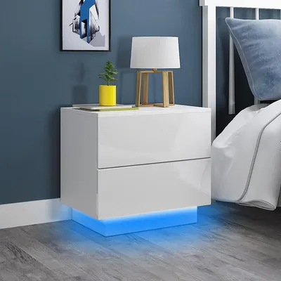 Image de Iropro Table de nuit avec éclairage LED, blanc brillant en façade avec 2 tiroirs 55x37x50cm