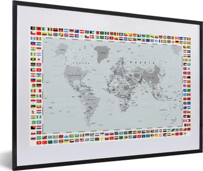 Produktbild von MuchoWow® MuchoWow® Gerahmtes Poster Weltkarte - Flagge - Schwarz - Weiß 60x40 cm - Poster mit zchwarzem Bilderrahmen - Schlafzimmer - Plakat in Rahmen - Drucken