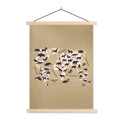 Obrázek produktu pro MuchoWow® Textilní plakát - Mapa světa - Zvířata - Retro - 40x53cm - S hnědými lamelami