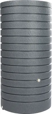 A tall, cylindrical water barrel with a textured, segmented surface.