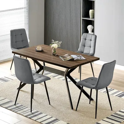 Productafbeelding van Eettafel met 4 stoelen, 140x80 cm, hout, donkergrijze fluweelbekleding, zwarte metalen poten