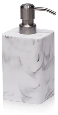 Productafbeelding van Witte zeepdispenser met marmerlook, 480 ml, met pomp; navulbare, vierkante zeepdispenser van decoratief kunsthars, geschikt voor handzeep, afwasmiddel en handcrème.