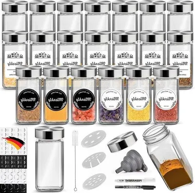 Image de Verres à épices Famanu avec couvercle en acier inoxydable - Lot de 24 - 120 ml - Distributeurs d'épices en verre avec entonnoir