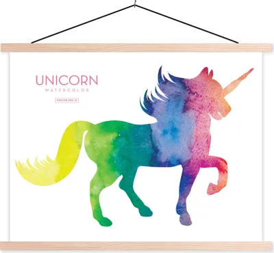 Produktbild von MuchoWow® Textilposter Eine Illustration eines Einhorns in Regenbogenfarben - Mädchen - Kinder - Kinder 60x45 cm mit holzfarbenen Rahmen - Bild