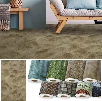 A collage of different flooring patterns and a room scene with a sofa and bench.