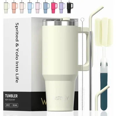 Productafbeelding van Thermobeker voor onderweg, 591 ml, beige, met handvat en rietje, dubbelwandig roestvrij staal, vacuümgeïsoleerd, lekvrij