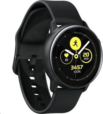 A black Samsung Galaxy Watch Active is displayed on a white background.