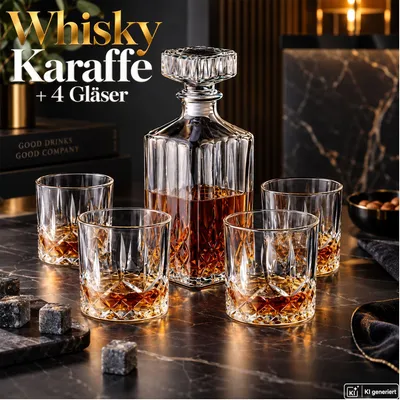 Produktbild von Whisky Karaffe + 4 Whiskey Gläser Whiskykaraffe Whiskygläser Set Dekanter Glas