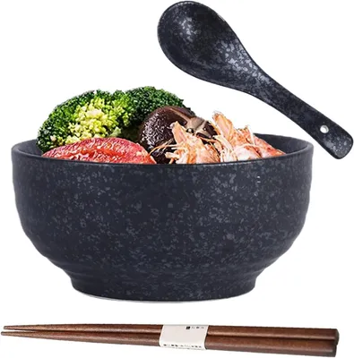 Zdjęcie produktu dla Zestaw misek Ramen, 2 miski, łyżka i pałeczki, ceramika, do zupy, sałatki, sushi