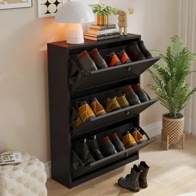 Produktbild von VOWNER Schuhschrank mit 3 Klappen, Schmaler Schuhregal, Verstellbar, 80 x 24 x 117 cm, Schwarz