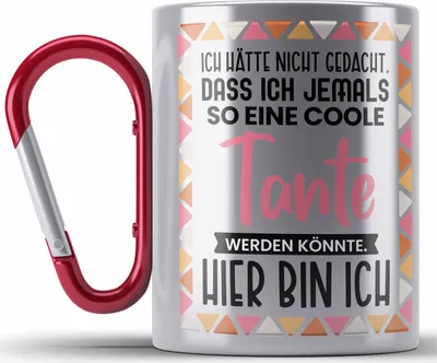 Produktbild von Trendation - Beste Tante Ever Edelstahl Tasse Karabiner Geschenk Geburtstag Weihnachten Lustig Geschenkideen von Nichte Lieblingstante Hier Bin Ich (Rot)