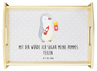 Produktbild von Mr. & Mrs. Panda tablett für bett Pinguin Pommes - Grau Pastell - Geschenk, Freund, Servier, Hochzeitstag, holz, Jahrestag, Frauen, Valentinstag, betttablett, Sofa