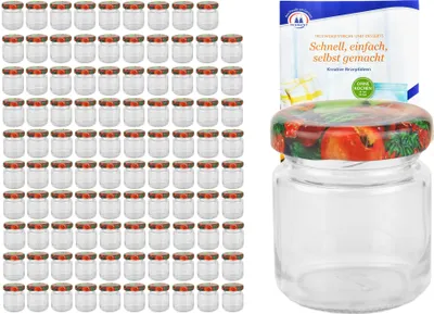 Produktbild von 100er Set Sturzglas 53 ml To 43 Obst Dekor Deckel Einmachgläser Einkochgläser incl. Rezeptheft