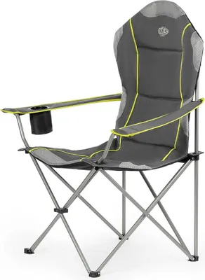 A gray camping chair with yellow trim and a cup holder.
