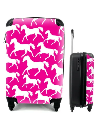 Produktbild von MuchoWow® Koffer Handgepäck Trolley Rollkoffer Kleine Reisekoffer mit 4 Rollen - Pferde - Rosa - Weiß - Mädchen - Kinder - Mädchen - Cabin Size < 55x40x23 cm & 55x40x20 cm - Kinderkoffer - Kabinenkoffer - Boardgepäck - Reise-Box - Reisekoffer - Reisegepäck - Koffer mit Bild - Trolley für Kinder
