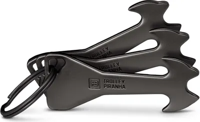 Produktbild von FABACH 3 Trolley Piranha Einkaufswagenlöser aus Metall in Schwarz - Einkaufswagenchip Schlüsselanhänger - Einkaufschip für Einkaufswagen - Chip abziehbar, Kein Steckenbleiben im Pfandschloss