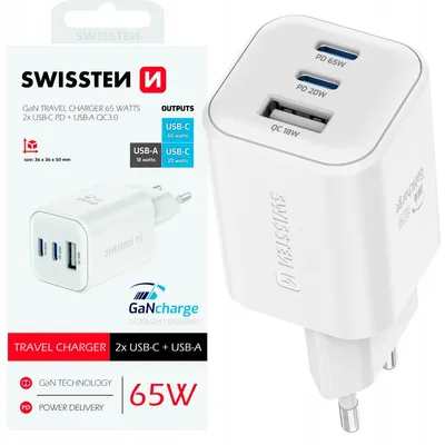 Zdjęcie produktu dla Swissten, zasilacz GaN USB-C 45W + USB 18W Szybkie ładowanie Kompaktowa konstrukcja, biały