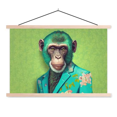Produktbild von MuchoWow® Textilposter Affe - Colbert - Blumen - Neon - Porträt 120x80 cm mit holzfarbenen Rahmen - Aufhängeset