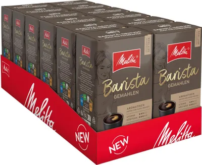 A display of Melitta Barista coffee boxes in a retail setting.