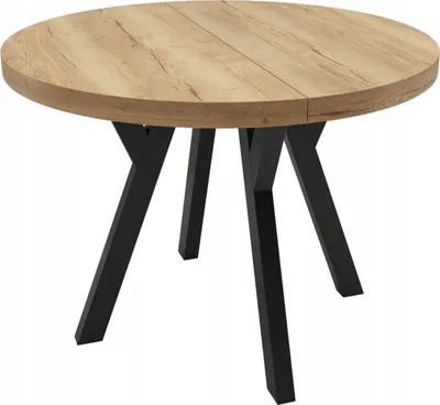 A round wooden table with black legs on a white background.