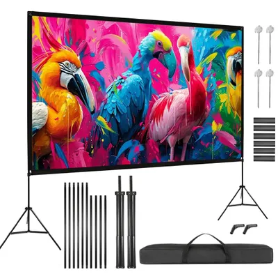 Obrázok produktu pre Projekčná plátna – 254 cm – formát 16:9 – uhol pohľadu 160° – 2 statívy – vhodné na kempovanie, firemné stretnutia a svadby
