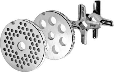 Produktbild von Lochscheibensatz 3,5 MM + 10,0 MM und Kreuzmesser Eversharp - kompatibel für Fleischwolf zu Bosch Küchenmaschinen MUM4. MUM5.