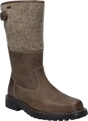 A single brown leather and felt boot.
