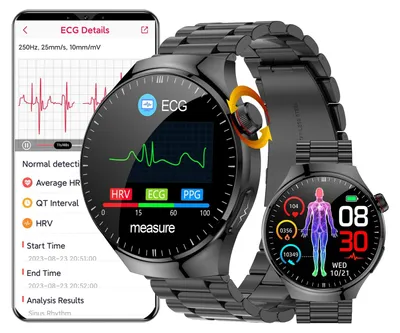 Produktbild von Smartwatch mit EKG Blutdruck SpO2 Herzfrequenz BMI HRV AMOLED Bildschirm und Zifferblatt Anrufannahme